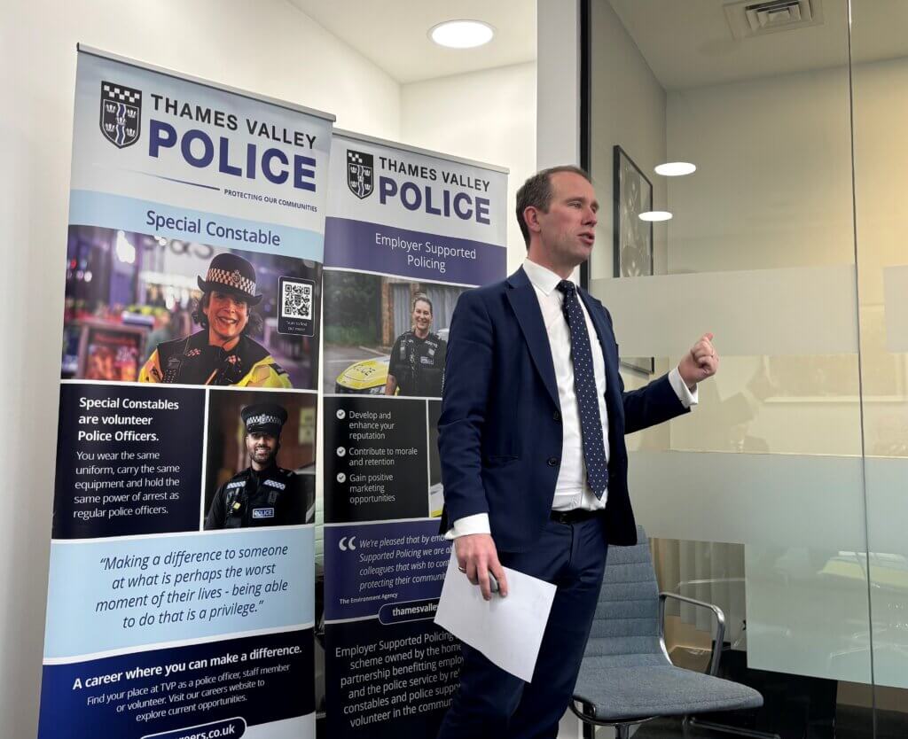 PCC Matthew Barber speaking to attendees at the Strategic Retail Crime Forum in Reading (14/1)